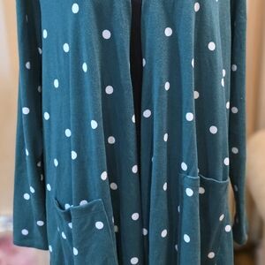 LuLaRoe Caroline Teal and White Polka Dot Cardigan